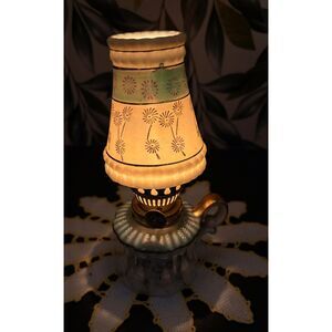 Vintage Mini Lusterware Oil Lamp Teal Gold White Floral 1950s Lighting